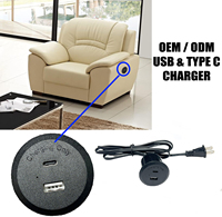 Stopkontak meja Mini hitam, stasiun daya Grommet Outlet stasiun pengisian USB 1 USB-A dan 1 port USB-C untuk Sofa