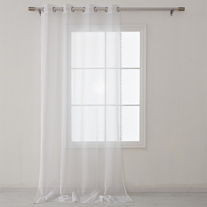 Blanc <span class=keywords><strong>Organza</strong></span> Sheer Tulle Pom Pom Rideaux Pompon Design Fenêtre Décor avec Gland pour Salon Rideau <span class=keywords><strong>Voilage</strong></span> - Product Image 1
