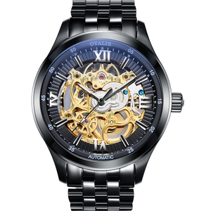 Montre analogique squelette de luxe pour homme, bracelet en acier inoxydable, mouvement automatique, résistante à l'eau, cadran en verre - Product Image 1