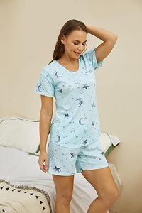 Pigiama in Cotone Personalizzato per Donna, Set con Scollo a V e Maniche Corte, Stampa Luna e Stelle, Morbido Abbigliamento da Notte in 2 Pezzi per l'Estate - Product Image 5