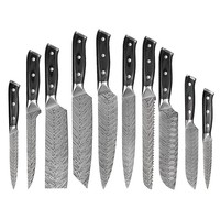 10Pcs Set Pisau Dapur Simulasi Damaskus 4CR13 Baja Tahan Karat Gagang Kayu Berwarna Pisau Kombinasi Kustom Dengan Kotak Hadiah Hitam