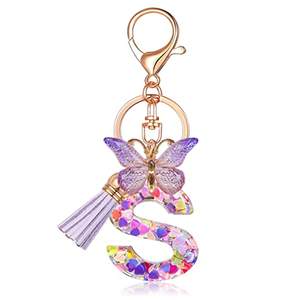 Porte-clés avec initiale pour femmes, pompon papillon rose violet, porte-clés mignon pour voiture, porte-monnaie, sac à dos, breloque - Product Image 1
