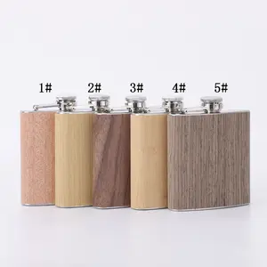 High Quality 6oz Stainless Steel Alcohol Hip Flasks Custom Gift Pack Wood Grain Leather Wrap Liquor Whiskey Wooden Hip Flask