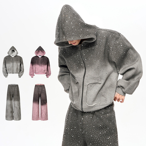 KingSen Custom Winter 100% Cotton Oversized Distressed Hoodie Sweatpants <b>Set</b> Men's Rhinestone Zip-Up Hoodie Pants Washed - Product Image 1