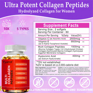 Gélules de collagène hydrolysé OEM/ODM pour femmes adultes : Améliore l'élasticité de la peau, éclaircissant, haute absorption, faible teneur en glucides et en sucre - Product Image 3