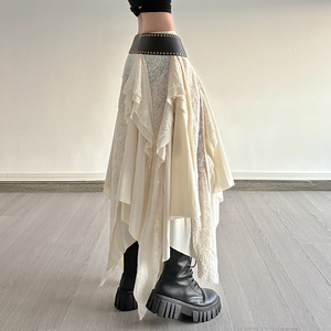 Jupe longue décontractée bohème respirante pour femme, coupe évasée, ourlet asymétrique, bordure en dentelle, taille élastique, idéale pour la plage - Product Image 6