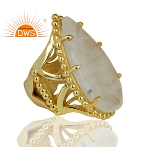Anillo de piedra lunar en forma de pera, arcoíris, diseño de latón, a la moda, chapado en oro, proveedor de joyería - Product Image 3
