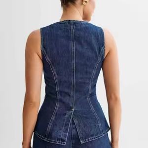 Conjunto de Ropa de Mezclilla de Alta Calidad para Mujer, Estilo Casual, 100% Algodón, Cuello Redondo, Sin Mangas, Chaqueta de Mezclilla, Top Holgado, Pantalones Cortos de Mezclilla - Product Image 3