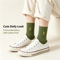 Chaussettes en coton pour femmes avec broderie de fruits, motif de fruits mignons, chaussettes mi-mollet décontractées, logo personnalisé OEM, couleur et motif personnalisés