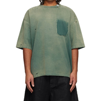 T-shirt en jersey de coton délavé au soleil, épaules tombantes, rétro, délavé, déchiré, ample, uni, surdimensionné, pour hommes