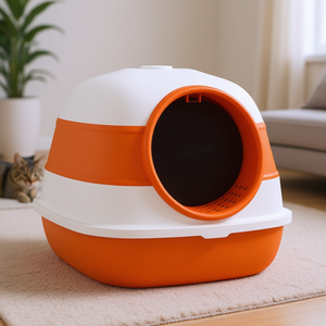Caja de arena para gatos PawHut, redonda, de plástico, sin polvo, manual, blanca y naranja, tamaño mediano, accesorio para caja de arena para gatos - Product Image 2