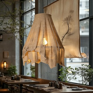 Lustre style Wabi Sabi E27 à six têtes, suspension ronde en lin pour salle à manger, décoration intérieure - Product Image 2