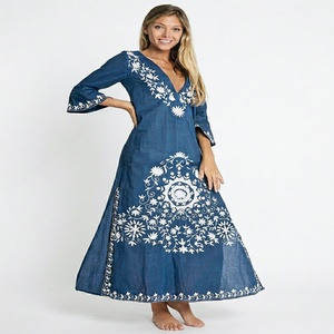 Beautiful Bohemian Summer <b>Kaftan</b> Style <b>Plus</b> <b>Size</b> Long Maxi Dress 3/4 Sleeve Embroidery Ruffled Sleeves 100% Cotton Floral - Product Image 1