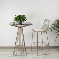 Table de bar en métal, dessus en verre, fil métallique doré, carré, table de bar pour fête