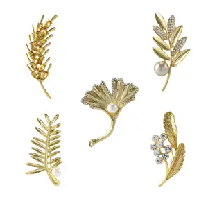 Large fancy goddess rhinestone elegent pearl brooch pins metal corsage gold pearl leaf brooch
