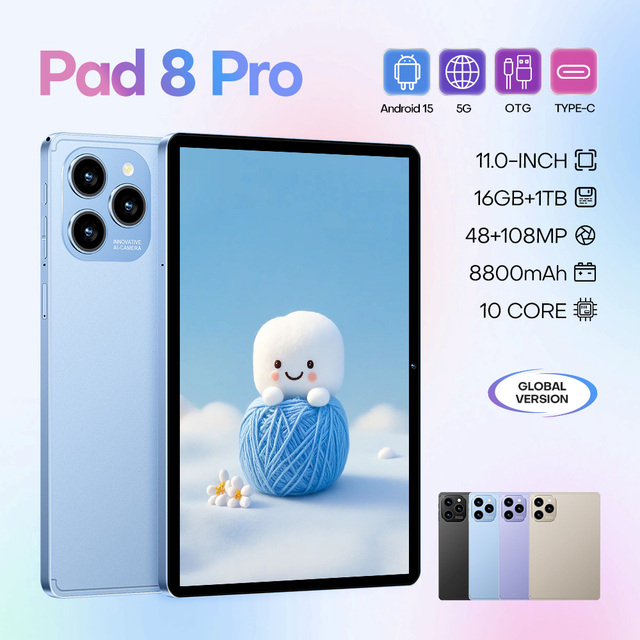 New Pad 8 Pro 11-inch 16GB+1TB Octa Core CPU Android 15 Dual SIM Card Tablet PC Support Face Recognition WiFi OTG Function