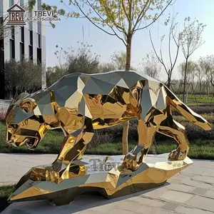 Escultura de leopardo de pie espejada de acero inoxidable grande en color dorado