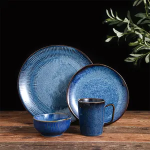 Vajilla de cerámica personalizada para restaurante, plato y cuenco azul de esmalte reactivo de alta calidad, venta al por mayor