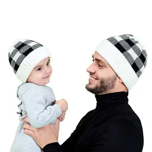 Hot keluarga yang cocok topi wanita pria musim dingin hangat topi rajut kotak-kotak wol topi Beanie untuk anak laki-laki perempuan ibu anak laki-laki