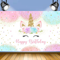 Toile de fond d'anniversaire licorne arc-en-ciel pour fille, bannière de fête licorne avec fleurs aquarelles colorées et paillettes dorées, pour bébé fille de 1 an