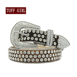 Sabuk kulit ular Retro untuk pria, sabuk kulit mewah bertatahkan safir Rubi, berlian imitasi berkilau biru gradien - Product Image 5