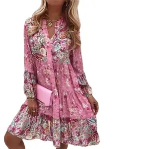 2024 Women Fashion Floral Flared Sleeve Loose Vestidos V Neck Ruffle Dress Vintage Mini Elegant Beach Short Dress