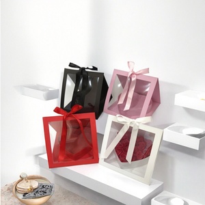 Custom Foldable Triangle <b>Gift</b> <b>Box</b> to Put Flowers with Handle Folded <b>clear</b> Paper <b>Box</b> <b>Gift</b> Packaging with Ribbon for Wedding - Product Image 1