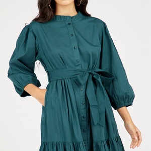 Phụ Nữ Căng Phồng Ba Quý Tay Áo Tự Vành Đai Vải Nút Up Rắn Tầng Midi Dress Dresses Phụ Nữ Quần Áo - Product Image 2