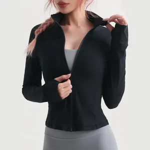 Jaqueta esportiva feminina, casaco de academia slim fit de manga comprida com furos polegar