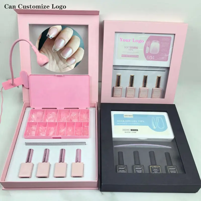 Gel X Nail Tip Kit Square Nuevo diseño Short Almond Soft Gel Tips con juego de lámparas para uñas Artificial Clear Full Cover Nail Tips Kit