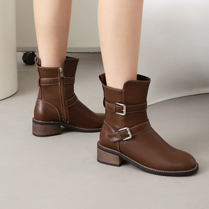 Botines Marrones de Piel Genuina con Punta Redonda, Tacón Cuadrado, Correa con Hebilla, Estilo Moto, Tacón Alto, Envío Directo - Product Image 3