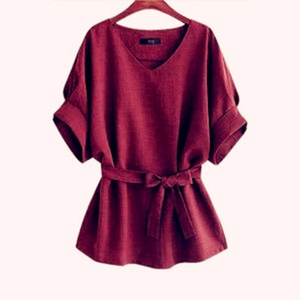 เสื้อเชิ้ตแขนสั้นคอวีทรงหลวมสำหรับผู้หญิงไซส์ใหญ่ ผ้าฝ้ายผสมลินิน แต่งเอวเข้ารูป แฟชั่นฤดูร้อน - Product Image 3