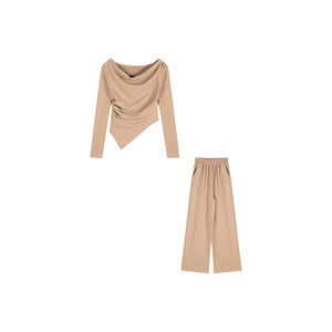 Nouvel ensemble 2 pièces pour femme : T-shirt uni à taille irrégulière et pantalon décontracté ample à taille haute – Tendance - Product Image 5