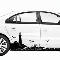 Pegatinas laterales para coche con diseño de faro y olas del océano, calcomanías de vinilo de gaviota en silueta negra, gráfico impermeable de escena costera para puerta de automóvil