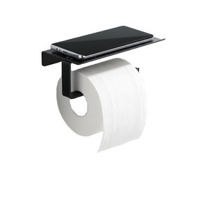 Porte-papier toilette mural moderne avec étagère pour téléphone, en acier inoxydable noir, distributeur de papier toilette rectangulaire minimaliste pour salle de bain - Product Image 1