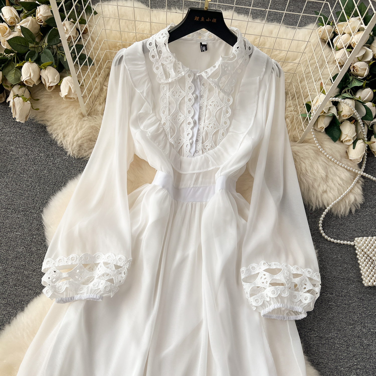 HANOU High Quality Lace Midi Evening Dress Woman Luxury Hollow Hook Flower  Patchwork Puffed Sleeve Peplum Holiday Part Dresses| Alibaba.com