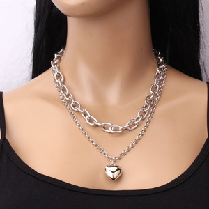 Collier double couche en métal en forme de cœur, style européen et américain, en alliage de zinc, pour femme, idéal pour les fêtes, bijou ras du cou ou pour la clavicule - Product Image 2