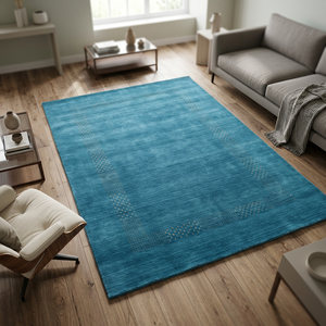 Tapis artisanal bleu en laine, noué à la main, tissé à la machine, brodé, à poils plats, antidérapant, lavable, moderne, abstrait, pour la maison - Product Image 2