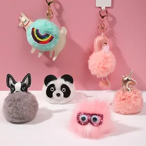 Custom Logo Fashion Pom Fluffy Cute Animals Accessories Keychain Ball Key Ring Chain