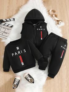 Ensemble de survêtement 3 pièces pour enfants (6M-3T) avec imprimé lettres Paris, <span class=keywords><strong>gilet</strong></span> à capuche zippé, sweat-shirt et pantalon de jogging pour garçons et filles - Vente en gros - Product Image 3