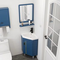 Meuble de salle de bain autoportant avec lavabo, armoire d'angle en aluminium bleu marine, poignée dorée, plateau en marbre, lavabo en céramique à encastrer sous le plan