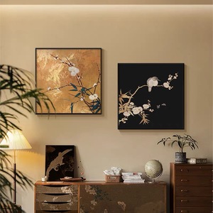 Peinture décorative sur toile à l'huile encadrée, motif floral et oiseau, cadre noir rectangulaire, pour salon, chambre à coucher, bureau, salle à manger - Product Image 1