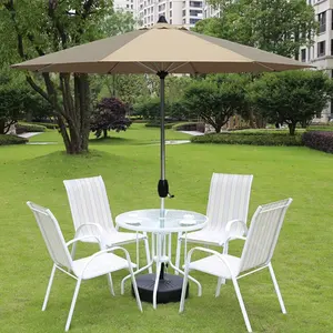 Sıcak satış hafif alüminyum malzeme açık veranda yemek mobilyaları bahçe sandalye masa ve şemsiye şemsiye seti