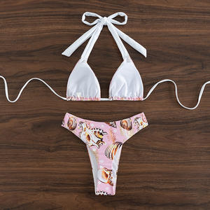 Bikini con cuello Halter para mujer, traje de baño estampado de dos piezas, con cordón - Product Image 3