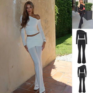 ชุดเซ็ตสองชิ้นสำหรับผู้หญิง ชุดลำลอง เสื้อคอไขว้ทรงปกติ กางเกงขายาวทรงเข้ารูป ผ้าถักยืด สีพื้น เป็นมิตรกับสิ่งแวดล้อม ระบายอากาศได้ดี - Product Image 1