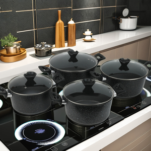 Bộ nồi nấu ăn gia dụng bằng gang đen, gồm nồi nước dùng và nồi súp, có nắp kính - Product Image 1