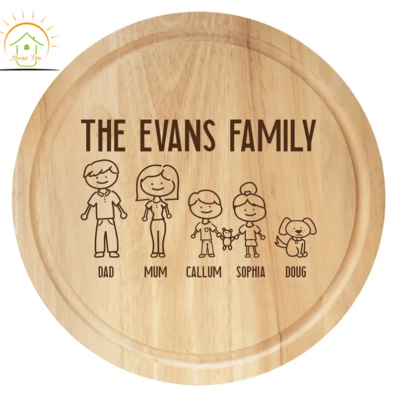 Hete Verkoop Technische Tekentafel Gepersonaliseerd Onze Familie Broodplank Rond Hout Cartoon Stok Mensen Portret Voor Kinderen