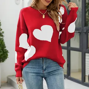 Fully Custom Sweater Pullover Herzen Jacquard Strick Vintage Drop Schulter Relax Fit Love Sweater Frauen