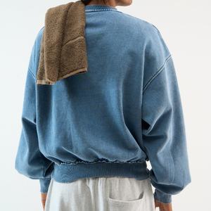 Sudadera Azul Denim Lavado de Algodón Grueso con Forro Polar, Cuello Redondo Acanalado, Hombros Caídos, Sudadera con Capucha Tipo Pullover para Unisex - Product Image 4