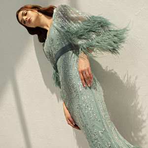 green emerald velvet dress Luxury Feather Sage Green Midi Evening Dresses with Sequin SS436 – Sharon  Said main image 1
